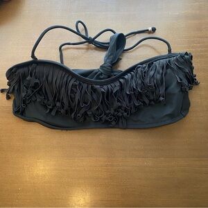 American Eagle AEO Black Fringe Bandeau Swim Bikini Top Medium Tie Back Western